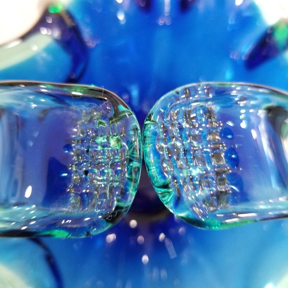 White Cristal blue Murano glass basket bowl with blue green edge vintage - Picture 6 of 9